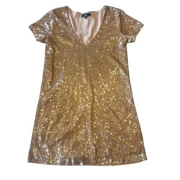 Lulus Light Up the Night Champagne Sequin short sleeve mini Dress size small - Picture 3 of 9